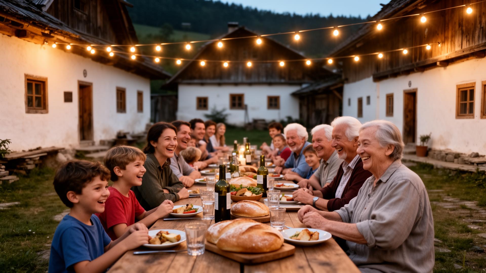 A community gathered around a long communal table in a village square at dusk