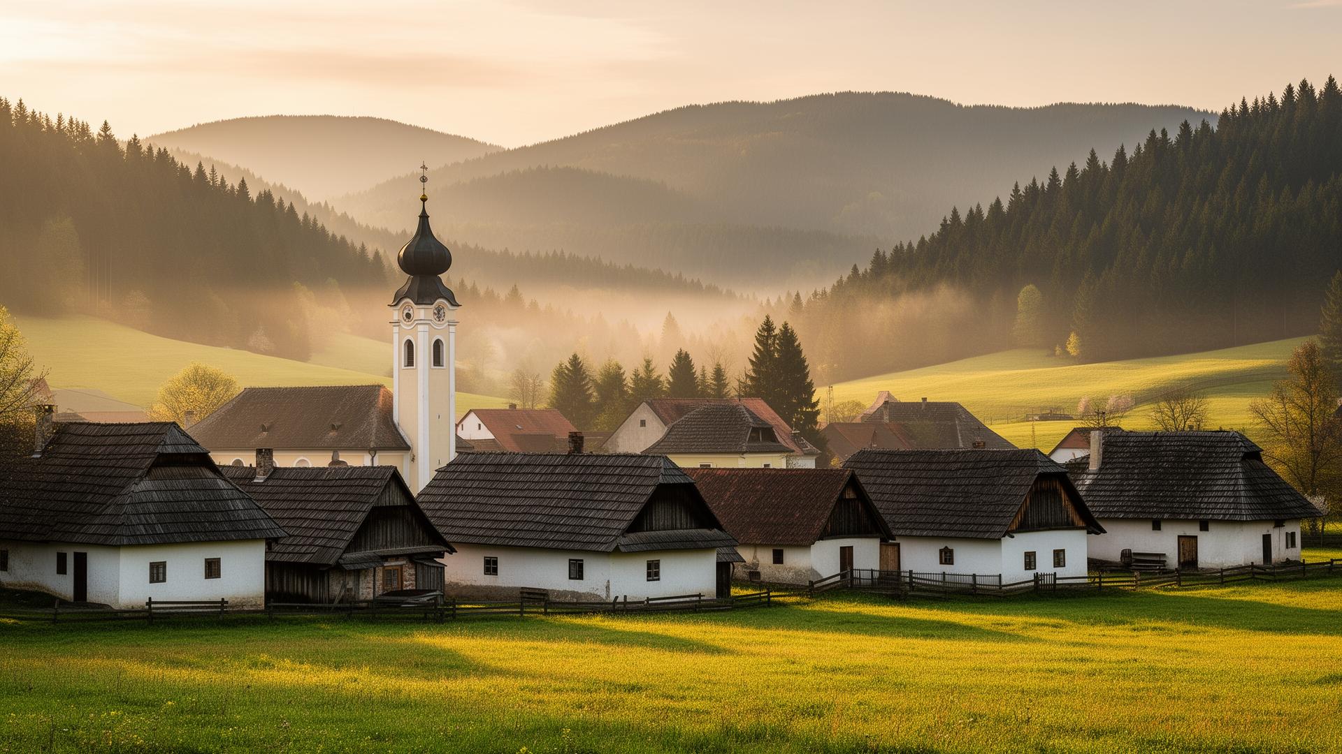 A misty European valley at golden hour with terraced community gardens and solar panels